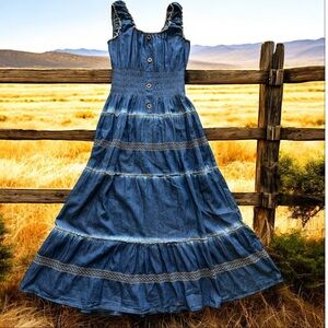 Indigo & Lace Denim Maxi Dress Womens Small Button Front Boho Prairie